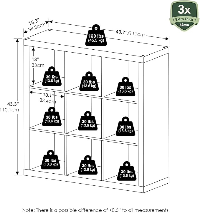 Furinno Cubicle Book Shelf, 9-Cube Bookshelf, Triple Thick Frame Cube Storage Organizer, 1.65" Thick Bookcase, 15.4" x 43.8" x 43.4", for Home Office, Living Room, Black Oak