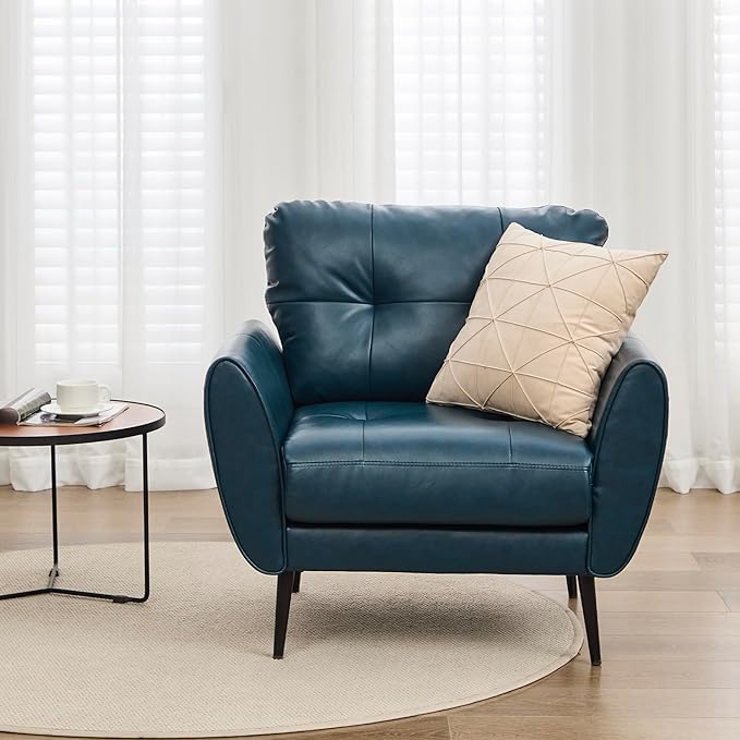 TYBOATLE Accent Chair, Comfy Modern Living Room Blue Leather Reading Accent Chairs Tufted Mid Century Arm Chair Small Salon Chair for Office Bedroom (1, Blue)