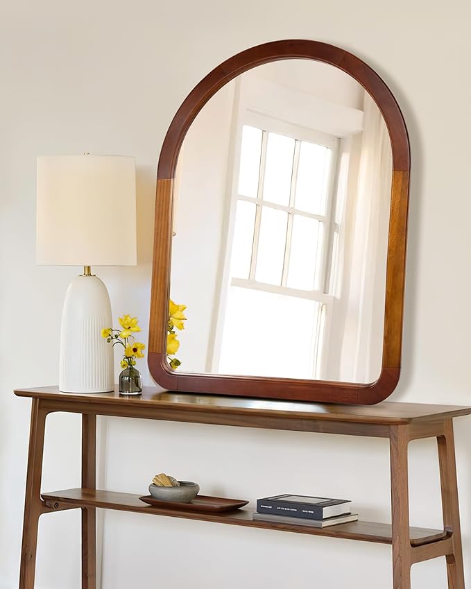 Arch Large Mirror 30 x 40 Inch,Brown Wood Rustic Bathroom Tempered Wall Mirror with Wood Frame,Round Corner Arch Farmhouse Wooden Vanity Mirror for Living Room,Entryway or Bedroom