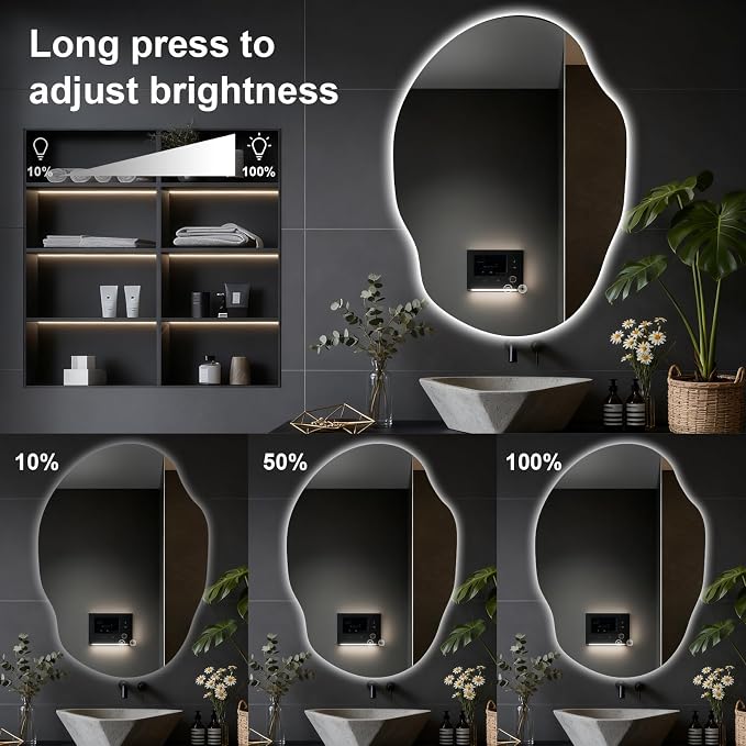 Asymmetrical Bathroom Mirror with Lights,Irregular LED Bathroom Vanity Mirror with Backlit,Anti-Fog,3 Colors and Dimmable Light with Memory,Hardwired Supported[Horizontal/Vertical] 40" H x 30" W