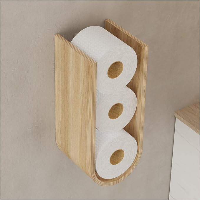 Wood Toilet Paper Holder Wall Mount for Multiple Rolls, Spare TP Roll Shelving, Walnut Floating Wall Display Shelf, Hanging Storage Shelves for Tissue (Ash)