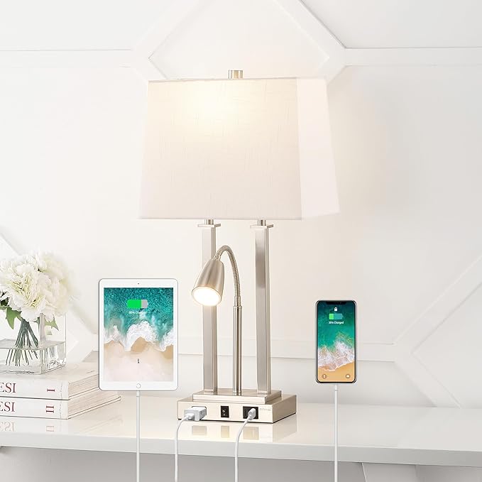 JONATHAN Y 23.75" Nickel 2-Light Modern Farmhouse LED Table Lamp with USB, White Linen Shade, AC Outlet, Adjustable Reading Light for Bedside Nightstand and Living Room (JYL1144C)