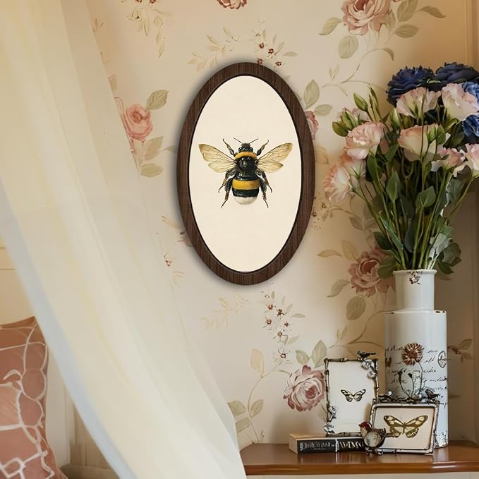 UYIKG Vintage Bee Oval Wall Art Decor,Rustic Farmhouse Cottagecore Bee Oval Wall Art,Farmhouse Country Wooden Framed Decor for Home Bedroom Living Room Reading Room 9x14.6 in