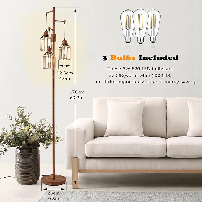 Dimmable Industrial Floor Lamp with 3 Cage Heads, Wood Grain Tree Standing Lamp with Stepless Dimming, Modern Farmhouse Tall Pole Light for Living Room, Bedroom, Office, E26 Base (Bulbs Included)