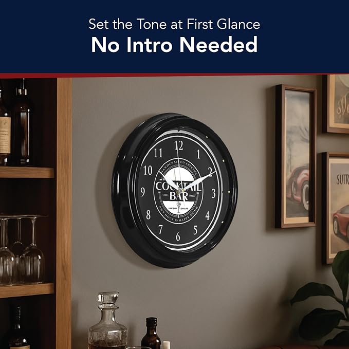 American Art Decor Cocktail Bar LED Modern Wall Clock - 12" for Home, Happy Hour Bar Decor, Living Room, Office, Game Room, Mancave, Garage (Black/White)