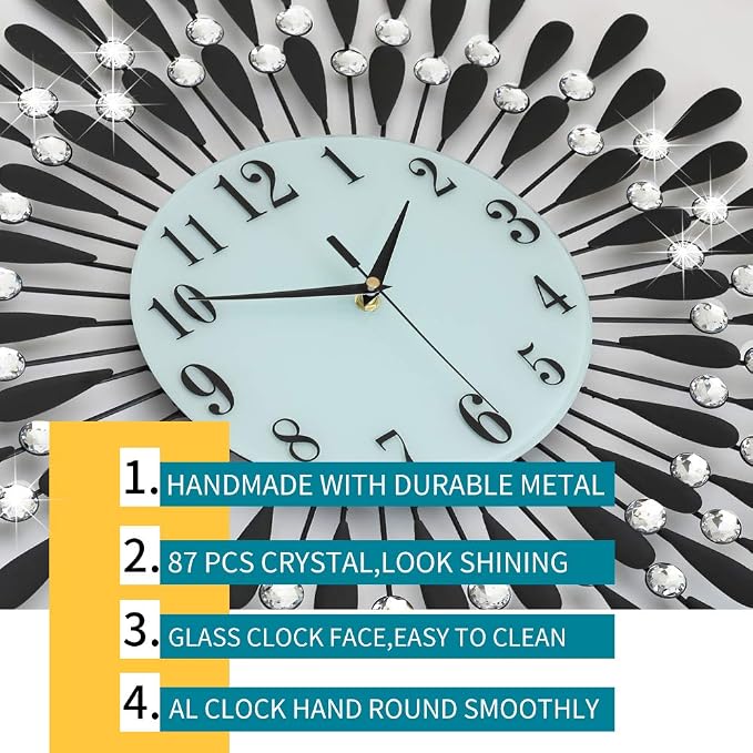 28.0 INCH Wall Clock for Living Room Decor,Non-Ticking Quiet Metal Petals Dial Glass Big Wall Clocks Black for Bedrooms Kitchen and Small Space Decoration
