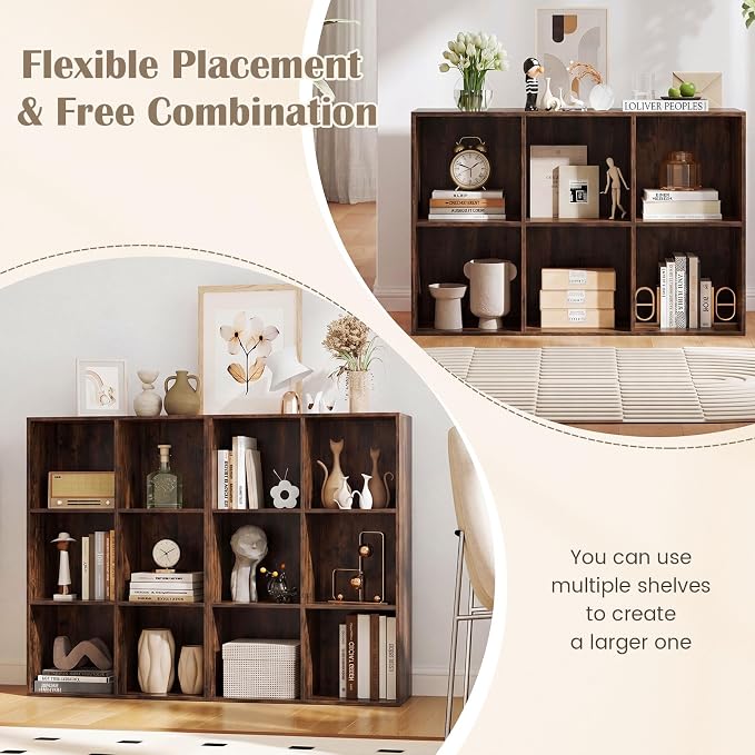 Tangkula 6-Cube Bookcase, Large Floor Standing Horizontal Bookshelf with 6 Open Shelves & 2 Anti-Tipping Kits, Home Office Wooden Storage Book Shelf for Living Room, Study (Rustic Brown, 6-Cube)