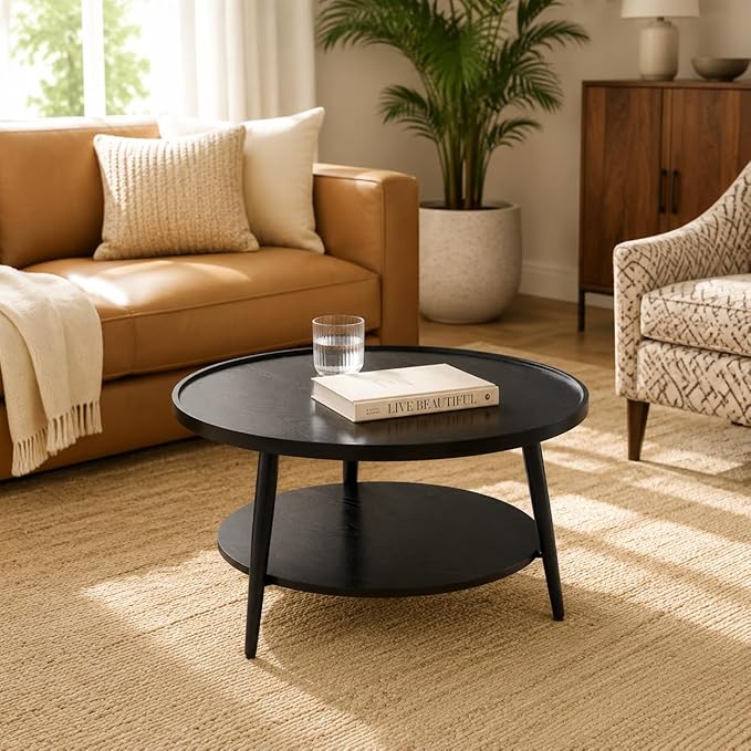 Saint Mossi Black Wood Coffee Table for Living Room, Mid Century Modern Round Coffee Table, 2-Tier Center Table for Small Space, Black, W31xH15
