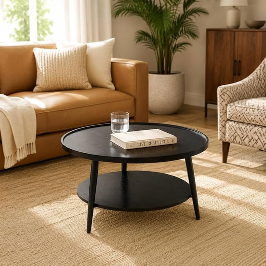 Saint Mossi Black Wood Coffee Table for Living Room, Mid Century Modern Round Coffee Table, 2-Tier Center Table for Small Space, Black, W31xH15