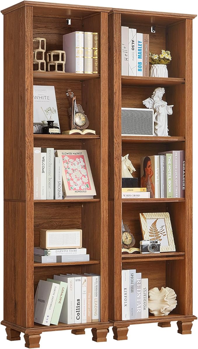 SAVOR LIFE 70" Tall Narrow Book Shelf, Wood Skinny Bookshelf with Adjustable Shelves & Wooden Legs, Farmhouse Bookcase w/5-Tier Storage, Free Standing Bookshlves for Office, Living Room, Brown, 2PCS