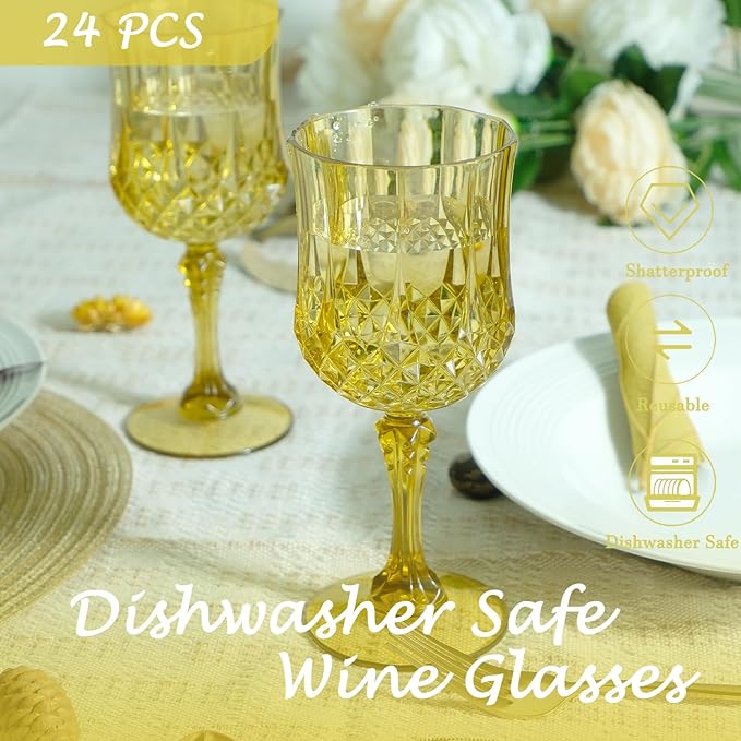 Plastic Wine Glasses, Plastic Goblets Vintage Style Cordial Drinking Glasses for Valentine’s Day, Wedding Reception, Grand Event Party Supplies (24, Gold)