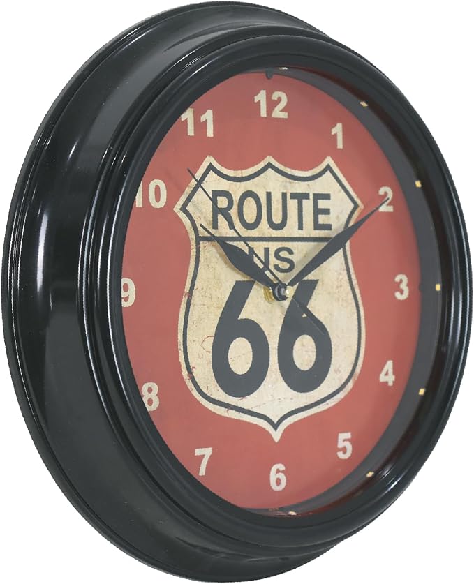 American Art Decor Route 66 LED Wall Clock - 12" Vintage Americana Modern Decor, Battery‑Operated Quartz, Retro Shield for Living Room, Garage, Mancave, Office (Red/Off‑White/Black)