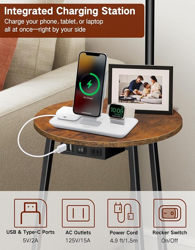 Floor Lamp with Round Table, Dimmable LED Standing Lamp with Remote, 3 Color Temperatures, Side Table with Charging Station, Space-Saving End Table for Living Room, Bedroom, Office