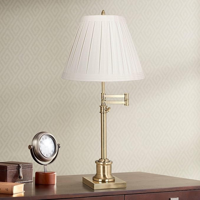 360 Lighting Westbury Swing Arm Desk Table Lamp Adjustable 36" Tall Antique Brass Box Pleated Creme Linen Empire Shade for Living Room Bedroom House Bedside Nightstand Home Office Reading