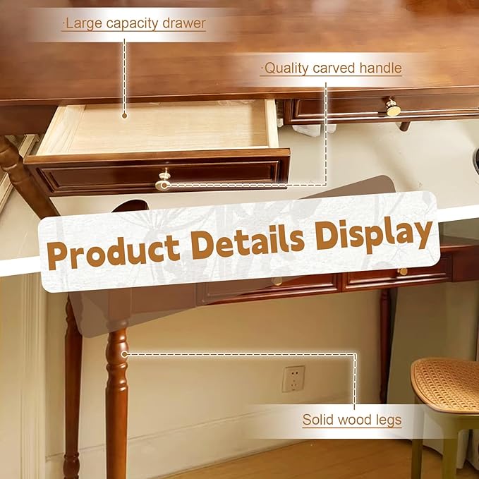 Solid Wood French Country Desk,Writing Desk with Storage Drawers,Farmhouse Computer Table Makeup Table Modern Simple Style,for Home Office Living Room Study Workspace Bedroom (Walnut, 47.2IN)