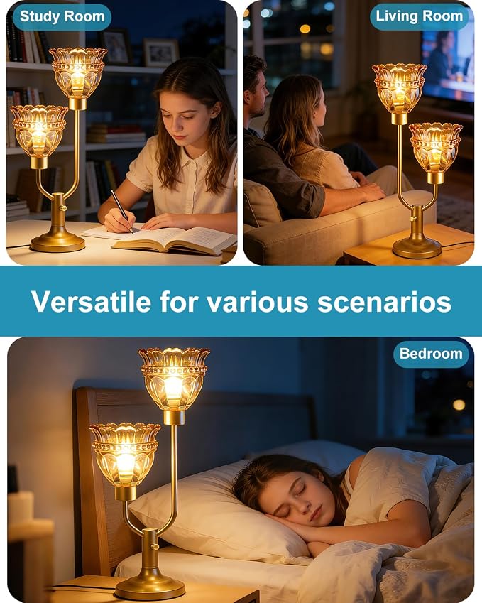Lightdot Vintage Table Lamp for Living Room Dimmable Mid Century Modern Gold Desk Lamp Amber Glass Nightstand Lamp 2 Bulbs Included Warmwhite Ambient Bedside Lamps for Bedroom Home Office Decor Gift
