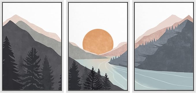 wall26 Framed Canvas Print Wall Art Set Mountain Range Sunlight Horizon Abstract Nature Illustrations Modern Art Nordic Decorative Minimal Boho for Living Room, Bedroom, Office - 24"x36"x3 White