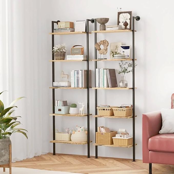 Acovy 5-Tier Bookshelf Solid Wood Ladder Shelf, Narrow Book Shelf Display Shelf, Wooden Bookcase, Wall Mount Ladder Shelf, Storage Rack for Living Room, Bedroom, Industrial Style, Rustic Brown