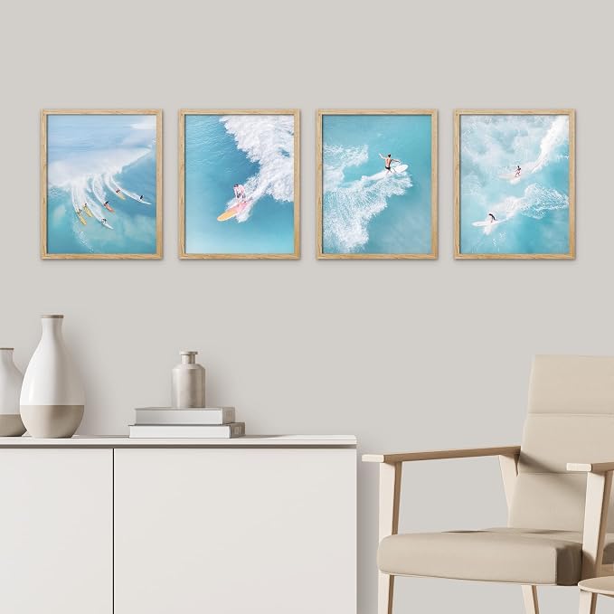 SIGNWIN Framed Ocean Nautical Landscape Wall Art, Set of 4 Surfing Surfboard Aerial View Wall Decor Prints, Nature Wilderness Wall Décor for Living Room, Bedroom - 8"x10"x 4 Natural