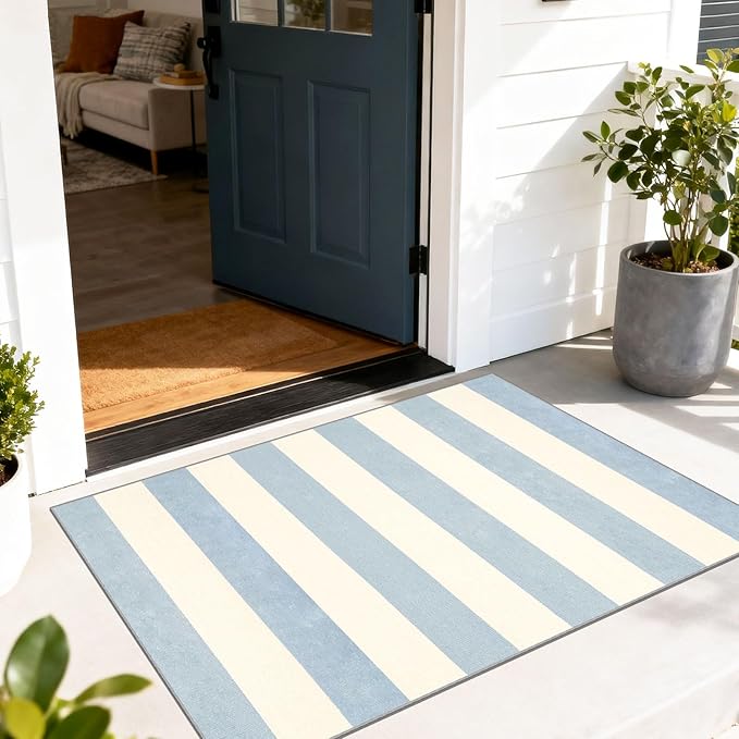 Blue White Striped Outdoor Rug - 28" x 43" Front Door Mat Indoor Outside Entrance Non-Slip Washable Summer Welcome Mat for Front Door Coastal Rug for Entryway Kitchen Bedroom Porch Decor