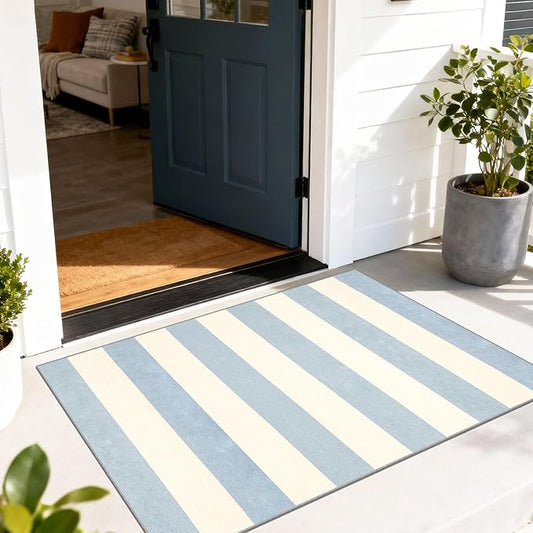 Blue White Striped Outdoor Rug - 28" x 43" Front Door Mat Indoor Outside Entrance Non-Slip Washable Summer Welcome Mat for Front Door Coastal Rug for Entryway Kitchen Bedroom Porch Decor