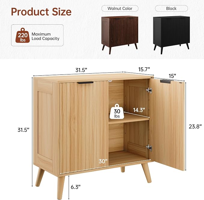Set of 2 Fluted Sideboard Buffet Cabinet, 63" Mid Century Modern Storage Cabinet with Adjustable Shelves & 4 Doors, Accent Cabinet for Dining Room & Living Room, Natural