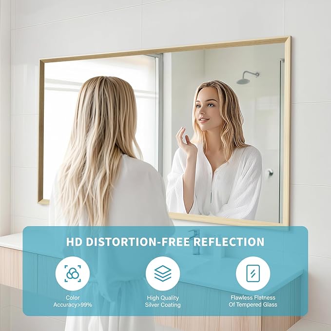 Oak Wood Effect Framed Wall Mirror, 30x48 Rectangle Mirror, Anti-desilvering Tempered Glass, Sustainable&Sturdy Frame, Anti-Rust, HD Reflection &3min Fast Setup for Bathroom Living Room
