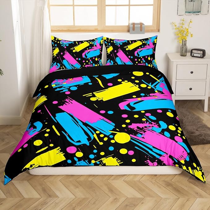 Memphis Style Duvet Cover Full Abstract Colorful Design With Dots Funky Bedding Set for Kids Child Girls Vintage Eighties Comforter Cover Memphis Fashion Bed Sets 80'S Style Retro 1980S Home Decor