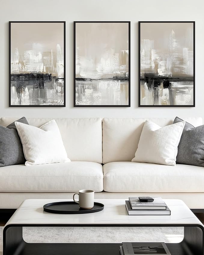 KUVIOKE Abstract Gray Framed Wall Art Neutral Brown Artwork Painting Morden Minimalist Wall Decor Rustic Home Decor 16x24in (Black Framed)