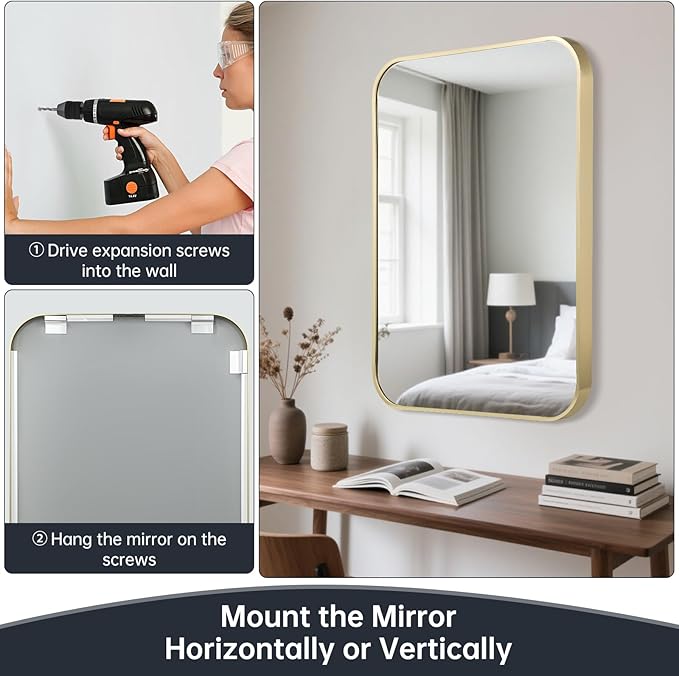 30x36 Inch Bathroom Mirror for Wall,Gold Framed Rectangle Mirror with Rounded Corner,Aluminum Alloy Framed Brushed Wall Mirror for Bedroom or Living Room,Vertical or Horizontal