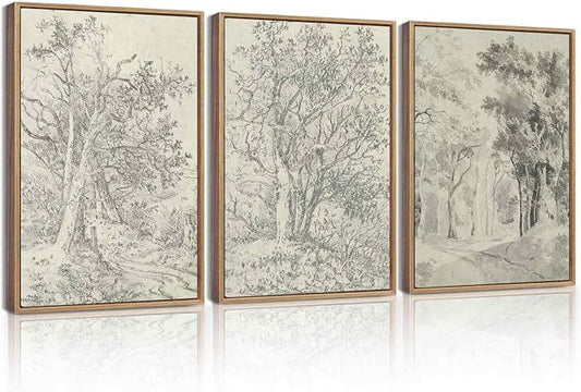 KUVIOKE Vintage Tree Framed Wall Art Retro Antique Forest Drawings Nature Wilderness Sketch Wall Painting Modern Landscape Decor 12x16in (Natural Framed)