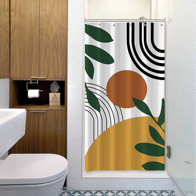 Boho Geometric Shower Curtain White Beige Mid Century Abstract Arch Curve Bathroom Curtain Minimalistic Sun Shower Curtain Sets for Bathroom Extra Long 54x72 in with 10 Hooks
