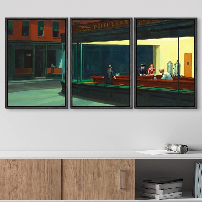 wall26 Framed Canvas Print Wall Art Set Nighthawks by Edward Hopper Cultural Historic Oil Painting Fine Art Reproduction Scenic Colorful for Living Room, Bedroom, Office - 24"x36"x3 Black