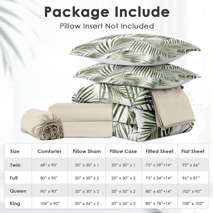 5Pcs Comforter Set Twin Size, Tropical Palm Tree Fronds Green Leaves, Bedding Decor Botanical Plant Palm Leaf Bedroom Bed Set Flat Sheet Fitted Sheet Pillowcases Shams for Kids Adults