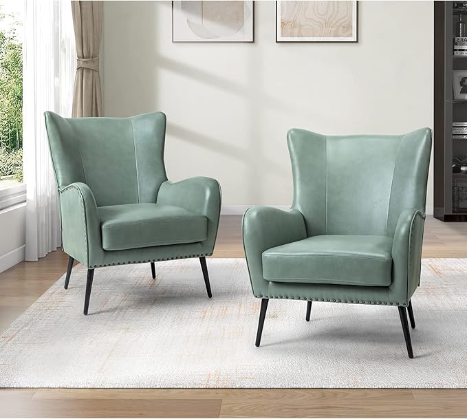 HULALA HOME Faux Leather Accent Chair Set of 2 with Removable Cushion, Comfy Upholstered Armchair with Metal Legs & Nailhead Trim Wingback Vanity Chair for Reading Living Room Bedroom, SAGE