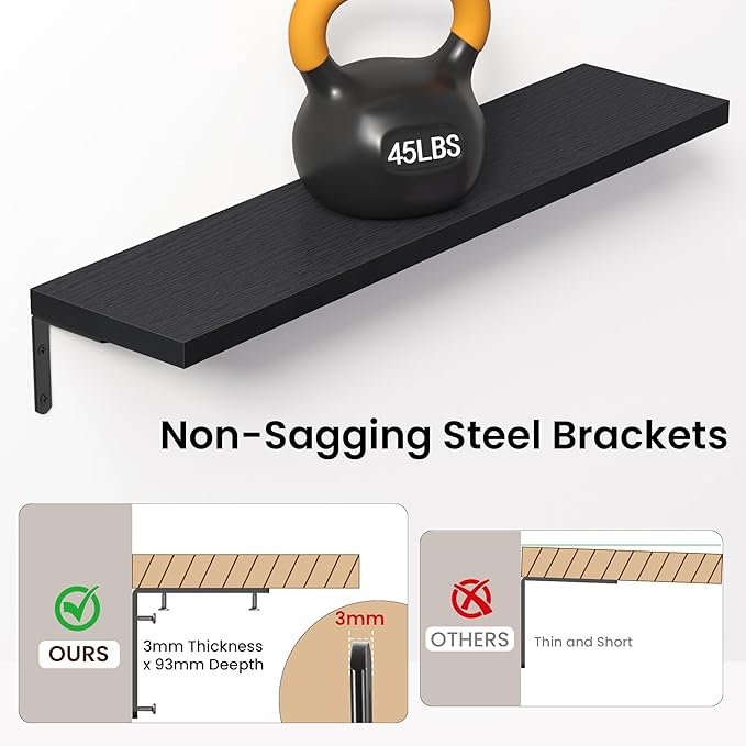 Marsmiles Extra Wide Floating Shelves for Wall, 36x8 Inch Natural Wood Grain Bookshelves, Heavy Duty Mounted Shelving for Bathroom, Kitchen, Living Room, Bedroom,Set of 2，Black