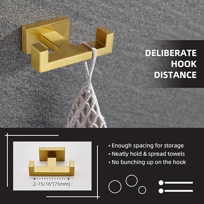 Angle Simple Towel Hook for Bathroom, SUS 304 Stainless Steel Hand Towel Holder, Double Robe Coat Hook for Wall, Brushed Dark Gold