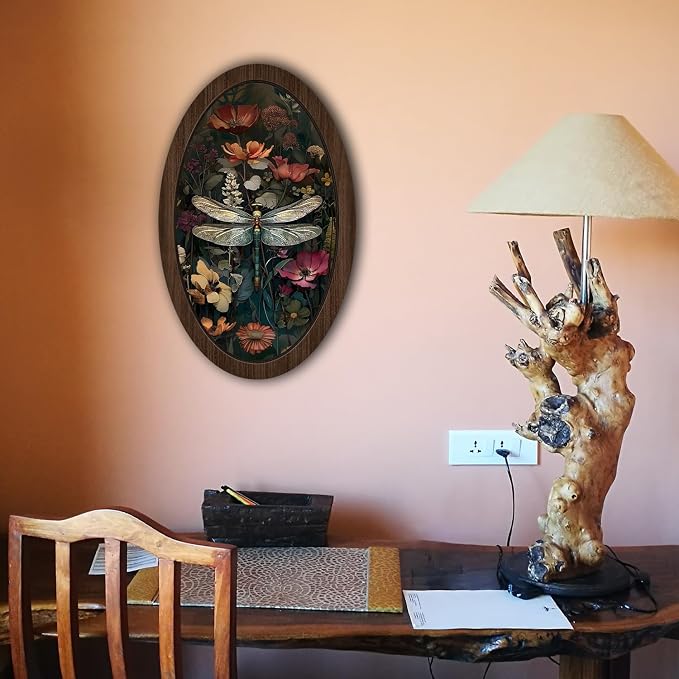 UYIKG Vintage Dragonfly Wall Art Decor,Dragonfly Floral William Morris Oval Wall Decor, Rustic Farmhouse Cottagecore Wooden Framed Wall Decorations for Theme Room Home Bedroom Living Room 9x14.6 in