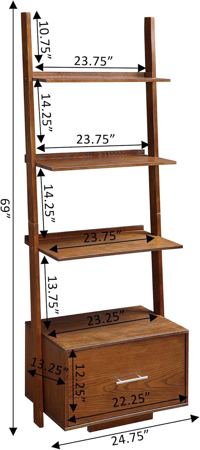 Convenience Concepts 3 tier American Heritage Ladder Bookcase with File Drawer, Dark Walnut