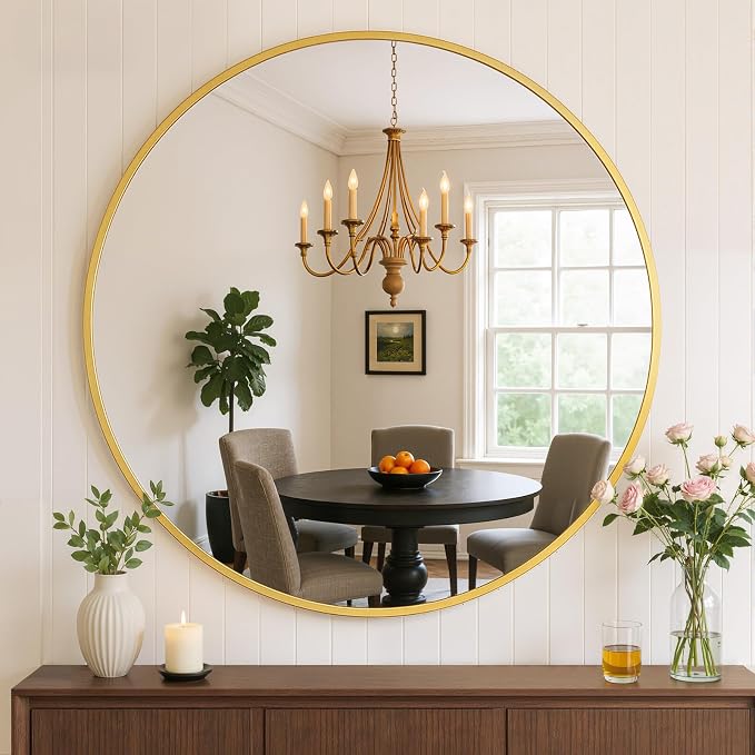 30 Inch Round Bathroom Mirror for Wall, Matte Gold Metal Framed | Circle Vanity Mirror for Bathroom Bedroom Living Room Entryway, Anti-Rust, Tempered Glass, Hanging or Leaning