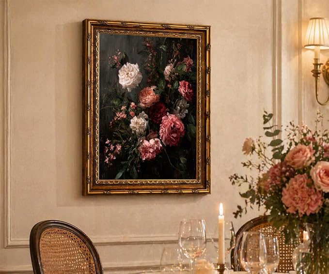 Dark Romantic Floral Wall Art Vintage Botanical Painting Moody Flower Still Life Print Gothic Dark Academia Wall Decor Antique Style Floral Picture Framed Vintage Frame 12x16 Inches