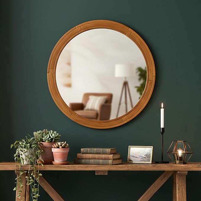 ZIYOO 30 Inch Round Wood Wall Mirror, Farmhouse Rustic Circle Mirror, Wall Mounted Decorative Mirror for Bathroom Vanity, Living Room, Entryway, Bedroom, Vanity, Hallway