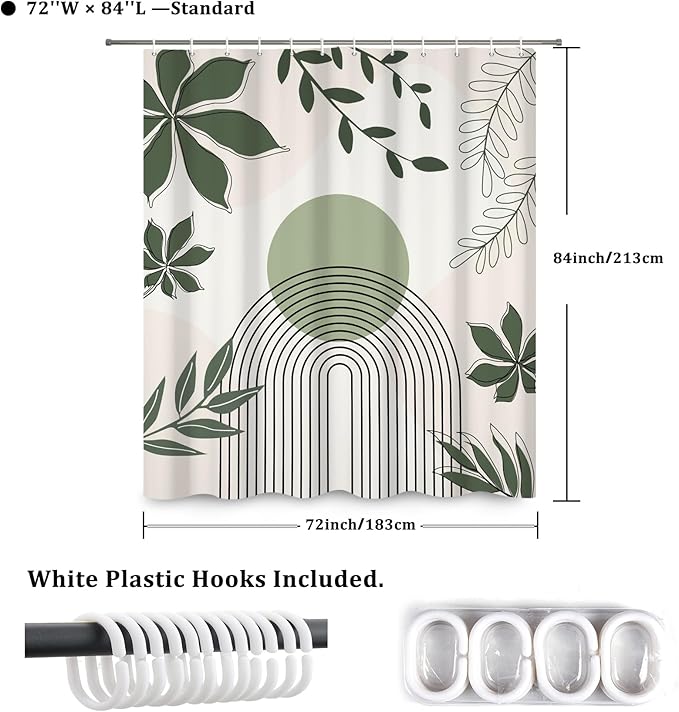 Boho Shower Curtain Modern Abstract Green Leaves Sun Bathroom Curtain Minimalist Geometric Arch Nature Fresh Decor Shower Curtain Waterproof Fabric with Hooks 72x84