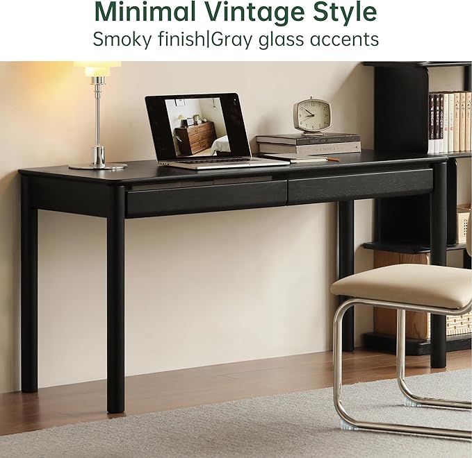 Solid Oak Wood Writing Desk, Smoky Black Home Office Desk with 2 Drawers, Ideal for Work Study Bedroom 55.11" W