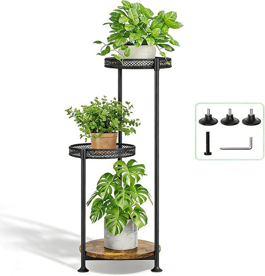 3 Tier Large Plant Stand Indoor Outdoor Clearance 10in Wide Metal Wood Plant Stand for Multiple Plants Black Tall Narrow Plants Display Organizer for Corner Living Room Porch Patio Garden Office