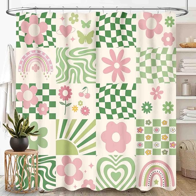 70s Floral Shower Curtain, Vintage Retro Green Hippie Groovy Cute Rainbow Swirl Checkered Aesthetic Boho Funky Trippy Pastel Waterproof Fabric Bath Shower Curtain Set with Hooks, 72"x84" Inch