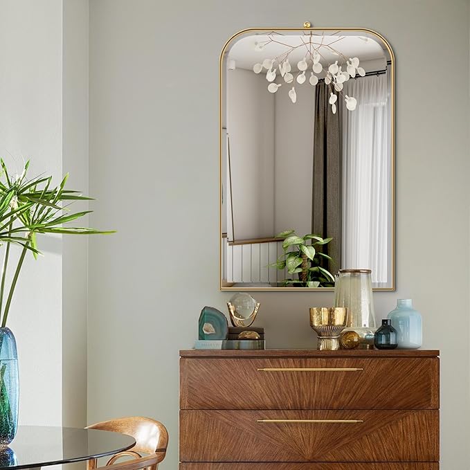 POZINO Brushed Gold Arched Mirror, 22"x35" Brass Vanity Oblong Mirror for Over Sink, Stainless Steel Frame Rounded Rectangle Mirrors for Bathroom Bedroom Living Room Entryway Hallway