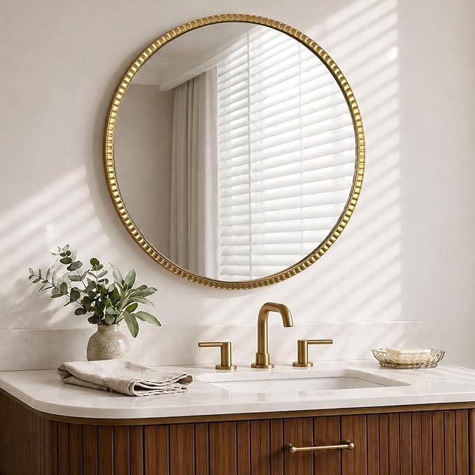 Vintage Gold Round Bathroom Wall Mirror 32" | Large Metal Framed, Decorative Wall Mounted Mirror, For Vanity, Bedroom, Living Room, Entryway, Hallway