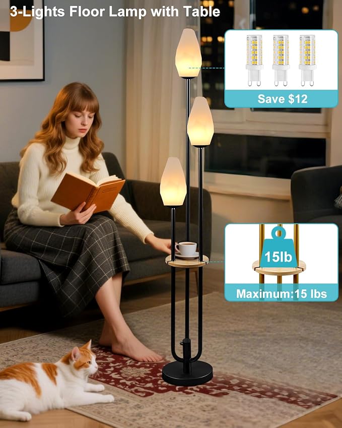 Black Floor Lamp with Tray, 3-Lights Dimmable Floor Lamps with Rock-Shaped Shade, Unique Candle Holder Style Modern Tall Standing Lamp for Living Room/Party(Bulbs Included)