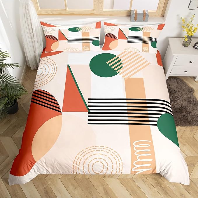 Erosebridal Red Brown Abstract Twin Comforter Cover for Kids Teens Girls | Colorful Geometric Duvet Cover Minimalist Circle Modern Bed Set Boho Contemporary Aesthetic Bedding Set